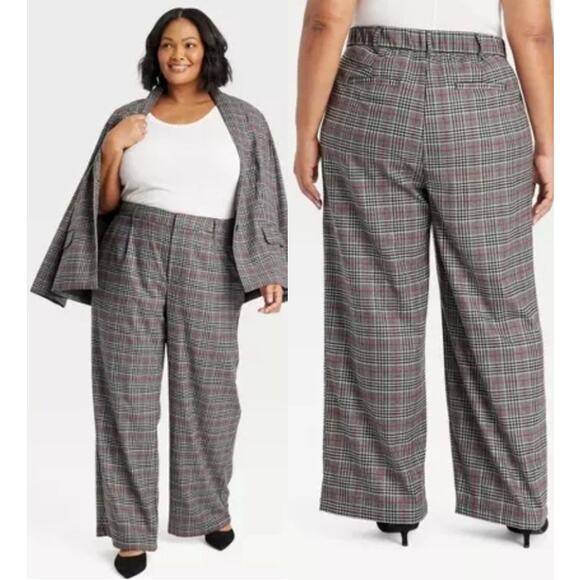 Ava & Viv High Rise Pleated Wide Leg Pants Plaid Multi Women's Plus Size 22 NEW - Picture 1 of 9